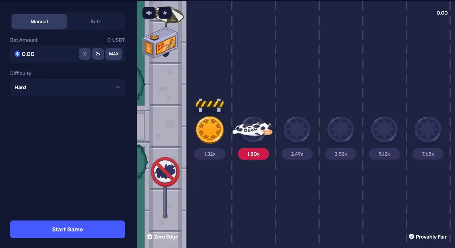 The Duel Beef board on Hard difficulty, showing the Manual and Auto tabs, the bet amount field, the difficulty dropdown, the cow on the road and the step multiplier strip running 1.32x, 1.80x, 2.49x, 3.52x, 5.12x and 7.68x, with a Zero Edge badge bottom left and Provably Fair bottom right