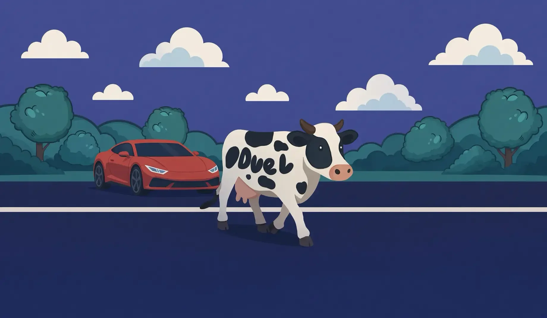 Duel Beef key art: a black and white cow with the Duel wordmark in its markings walking across a night road while a red sports car waits behind it