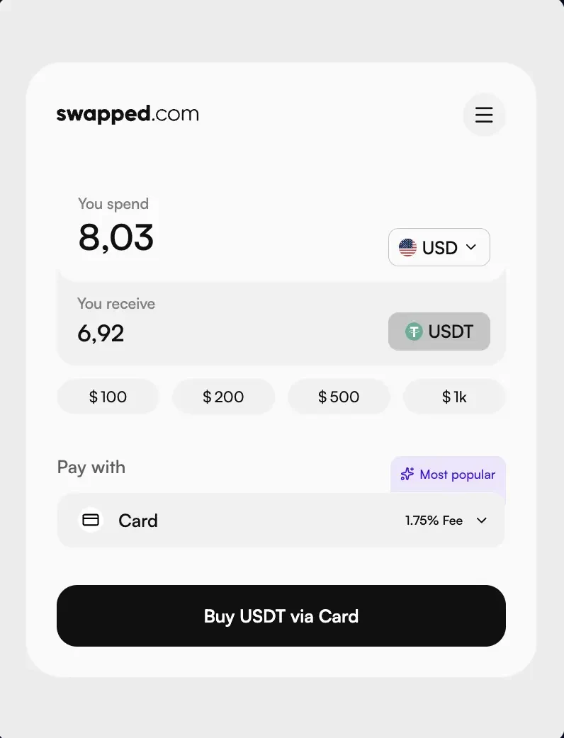 Duel Buy Crypto widget converting USD to USDT via card with preset amounts and live rate