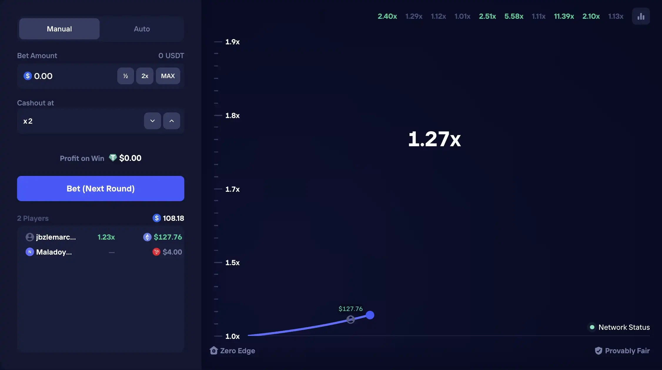Duel Crash client: Manual tab selected, cashout set to x 2, a live blue curve at 1.27x, and Zero Edge and Provably Fair stamps under the graph
