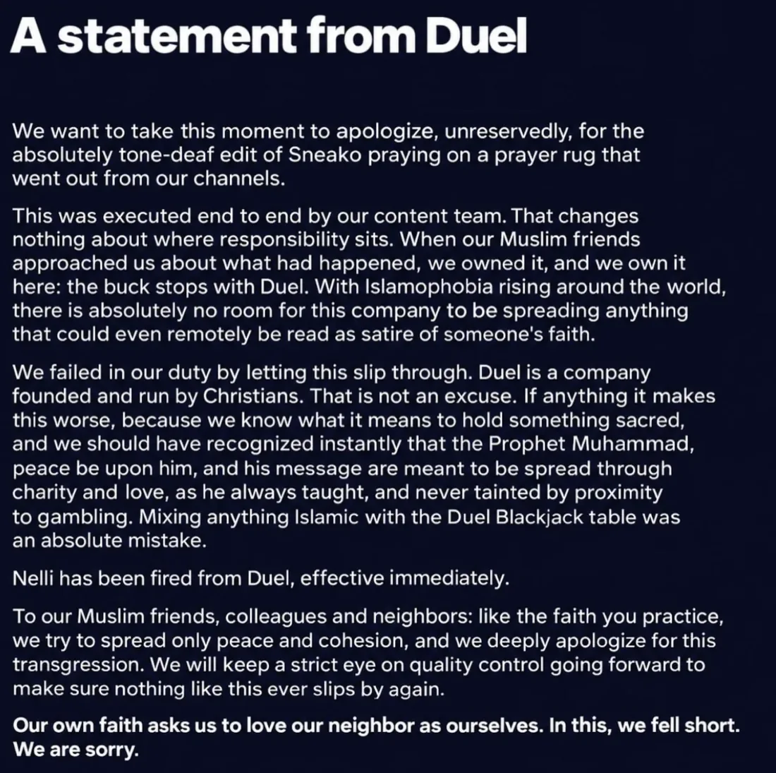 A statement from Duel: apology for a tone-deaf edit of Sneako praying on a prayer rug, content team responsibility, and the line Nelli has been fired from Duel, effective immediately