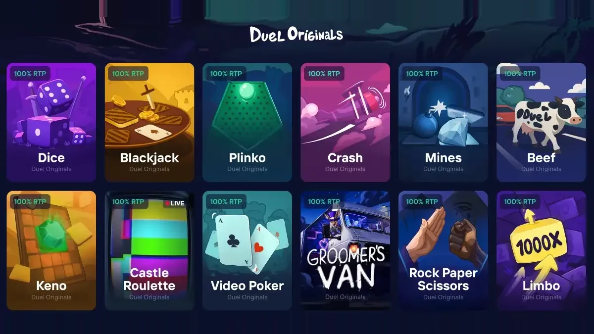Twelve Duel Originals including Limbo, Crash, Plinko, Mines, and Dice
