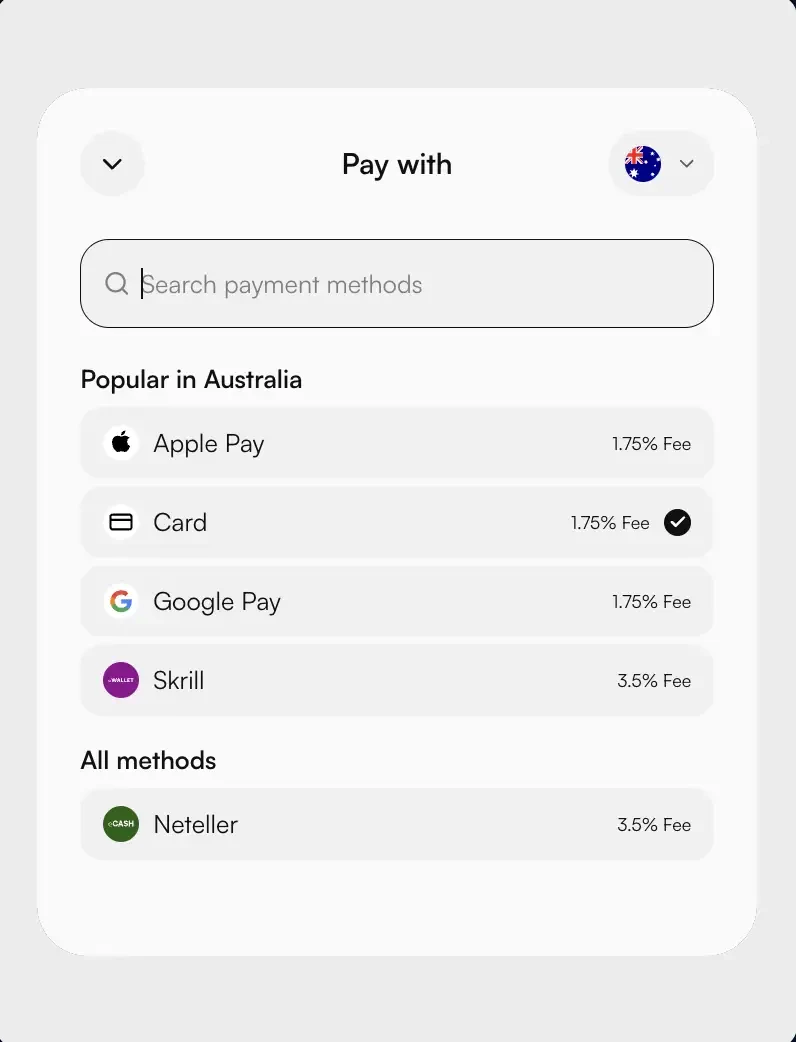 Duel Wallet Buy Crypto payment method picker showing Apple Pay, Card, Google Pay, Skrill, and Neteller
