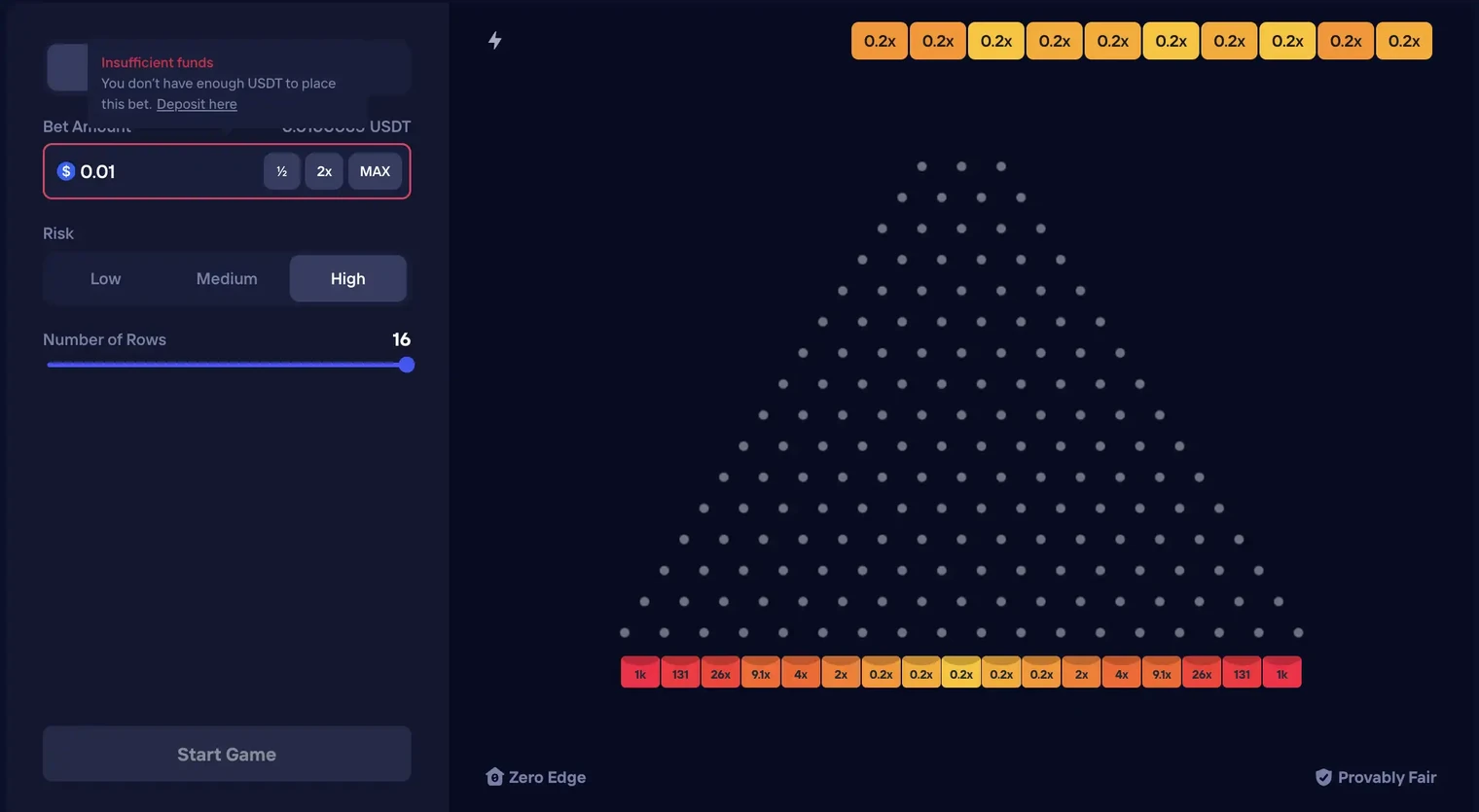 The Duel Plinko board set to high risk and 16 rows, showing the bucket strip from 1000x at both edges down to five 0.2x buckets in the centre, with a Zero Edge badge below the board