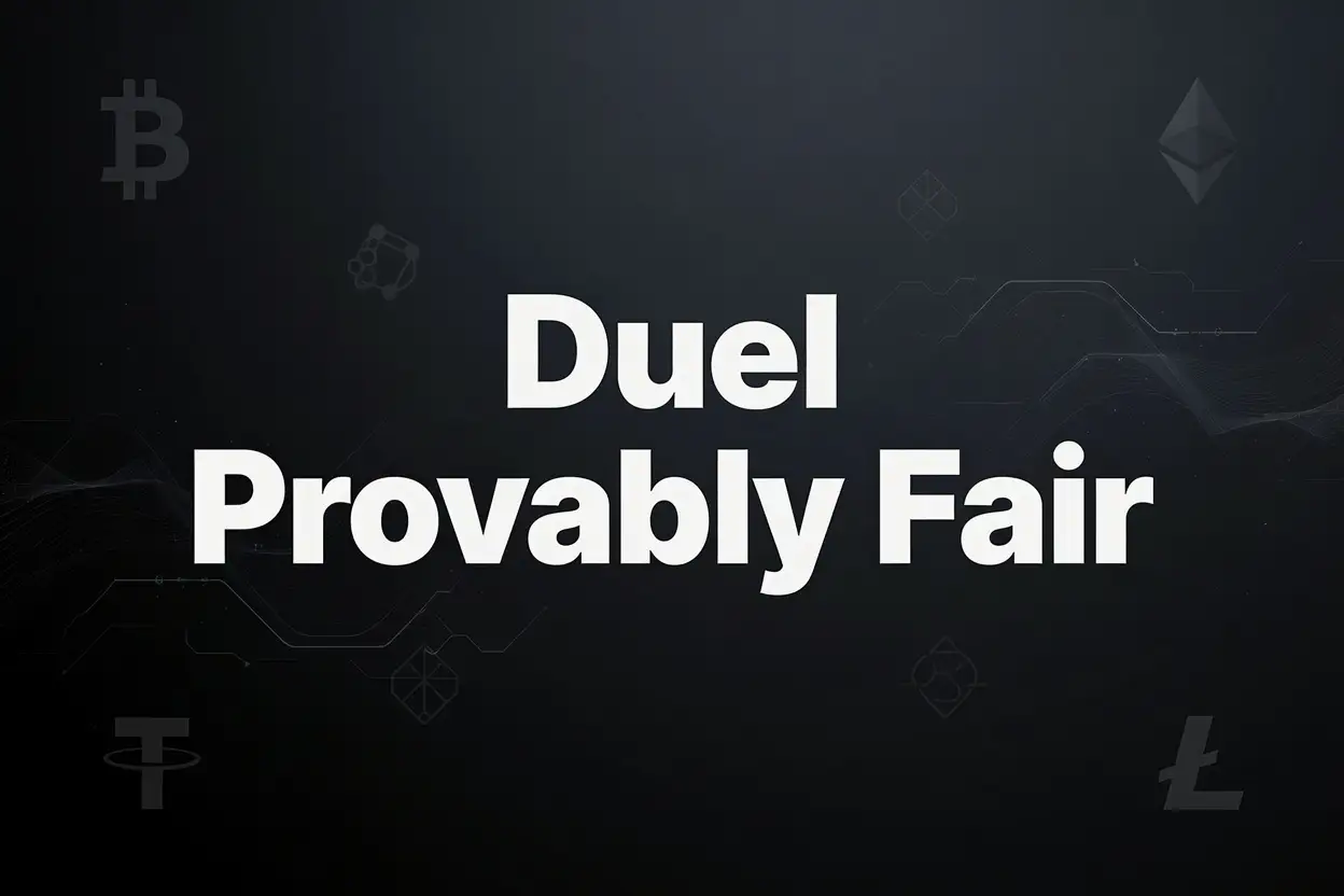 Duel Casino Provably Fair banner with Bitcoin, Ethereum, Tether, and Litecoin symbols