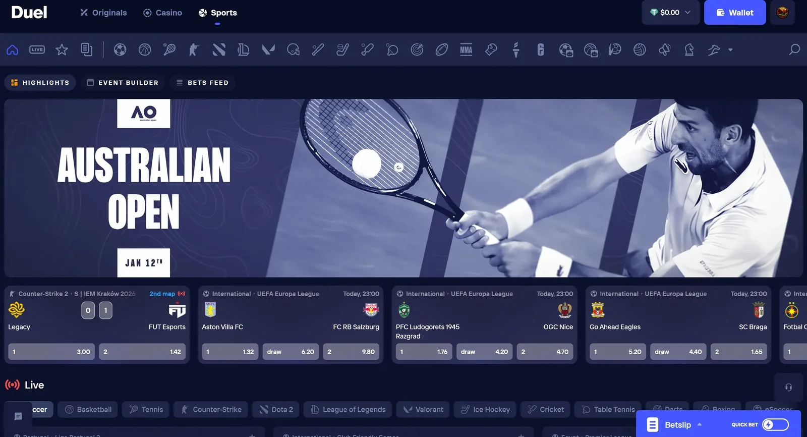 In-play betting terminal at Duel Online Casino showing live football, tennis, and UFC odds with instant settlement