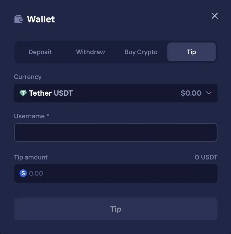 Duel Wallet Tip screen: send USDT or other crypto to any player by username