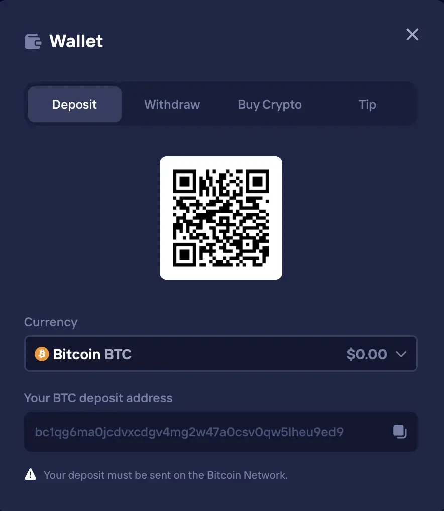 Duel Wallet deposit screen with Bitcoin QR code, deposit address, and instant crypto banking at Duel