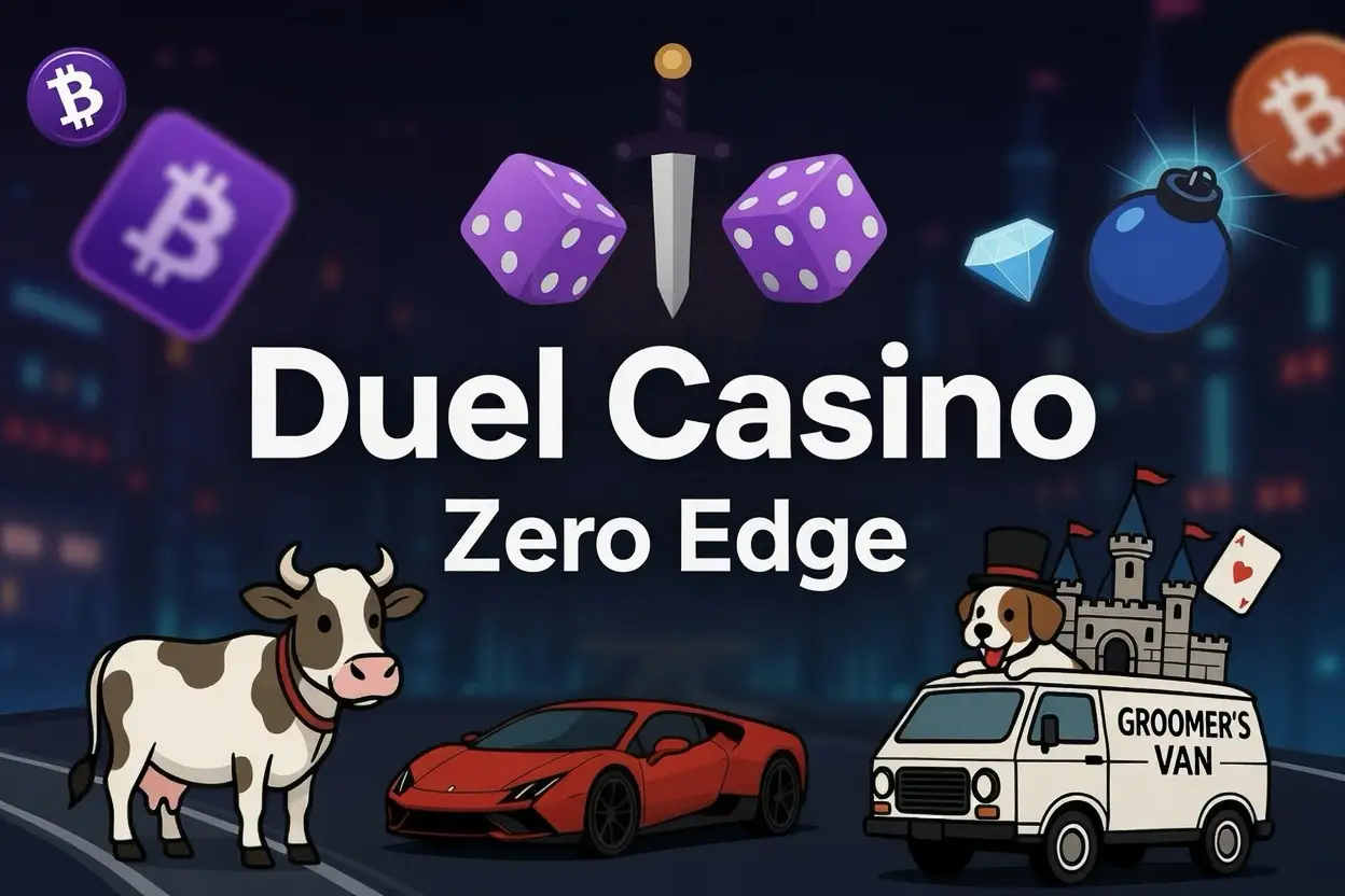 Duel Casino Zero Edge banner with city skyline, dice, crypto coins, and Originals game icons