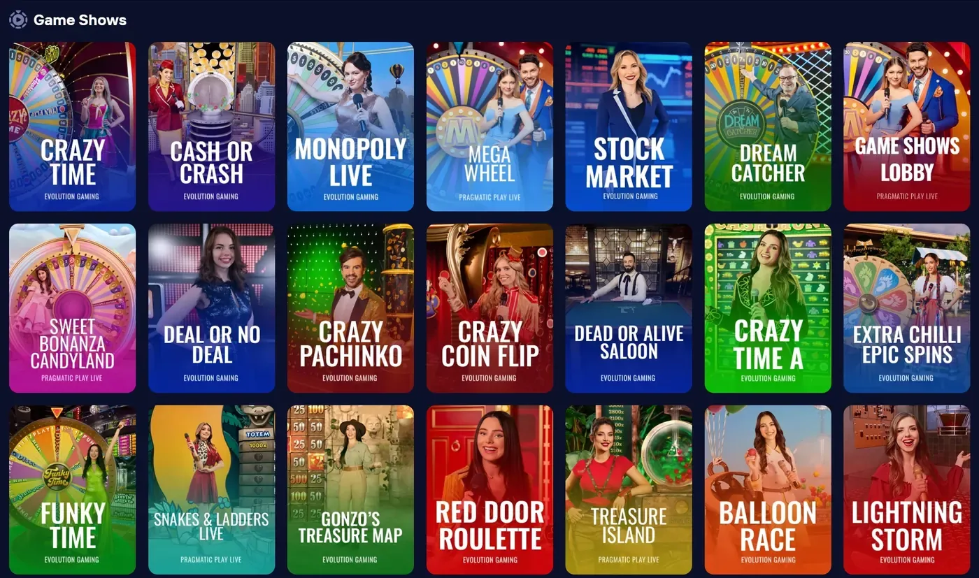Evolution game-show studio at Duel Online Casino with Crazy Time, Monopoly Live, and Lightning Roulette streams