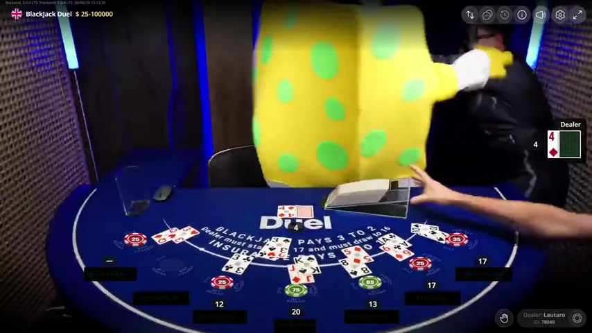 A yellow costume filling most of the camera frame at the Duel Blackjack table
