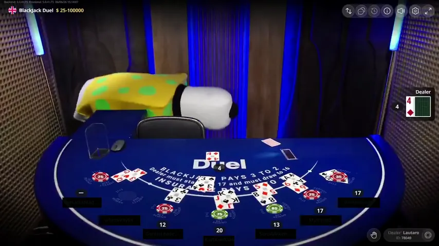 The costume lying across the printed rules on the Duel Blackjack felt
