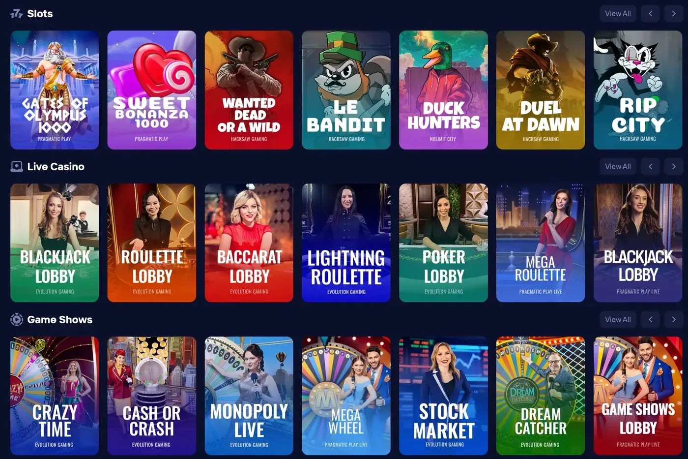 Full Duel Online Casino game library map with slots, live dealer, sportsbook, and Originals categories on Duel Casino