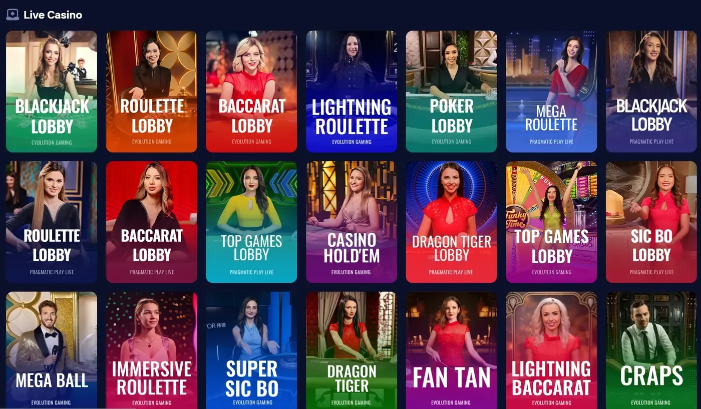 Evolution live dealer lobby at Duel Online Casino showing blackjack, roulette, and baccarat tables at Duel Casino