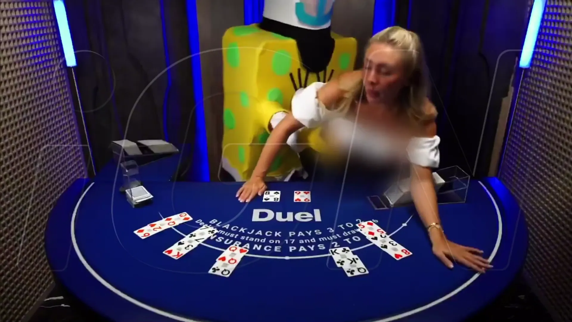 Bonnie Blue reacting mid-shoe at Duel Blackjack