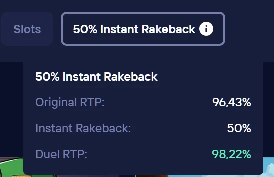 Slot rakeback chart at Duel Online Casino: 50% instant return lifting effective RTP from 96.43% to 98.22%