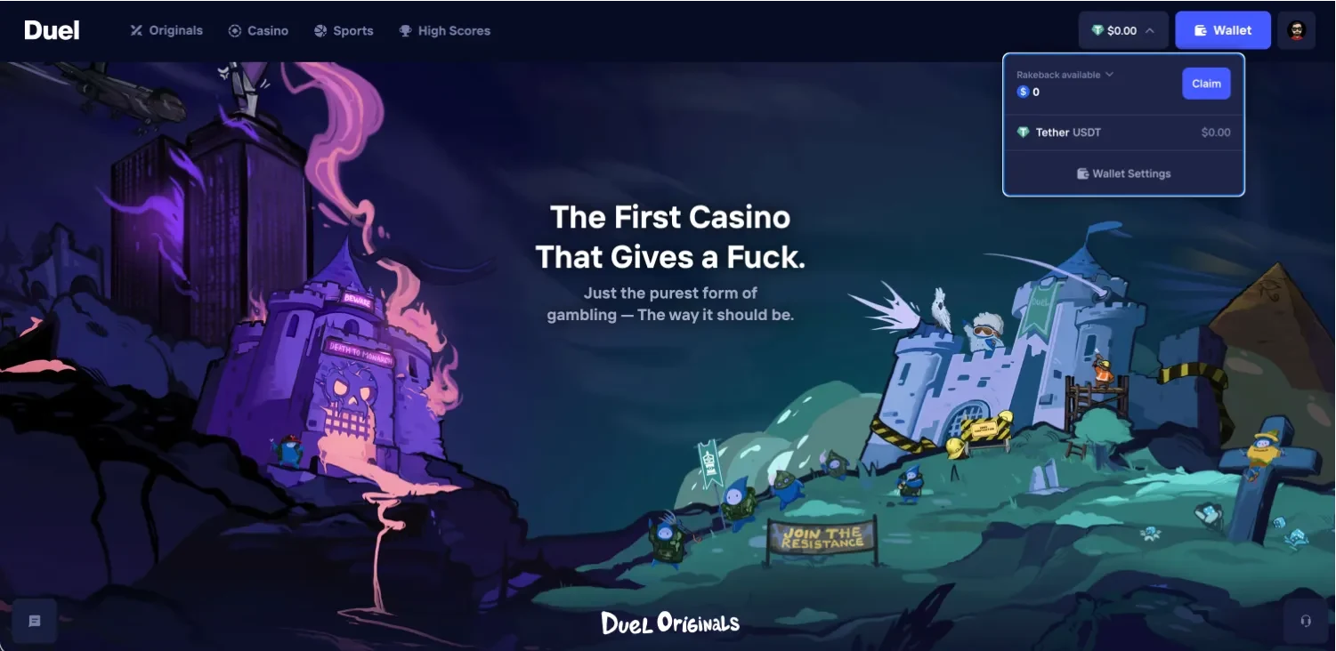 Duel Casino main lobby - Originals, Casino, Sports navigation, wallet with Instant Rakeback claim, and hero banner The First Casino That Gives a Fuck