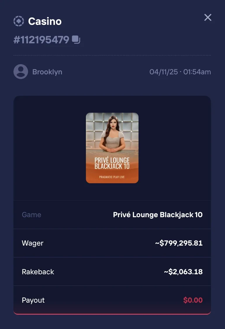 Duel Casino bet slip showing ~$799,295 wager on Privé Lounge Blackjack 10 with ~$2,063 Instant Rakeback credited on a live Pragmatic Play table