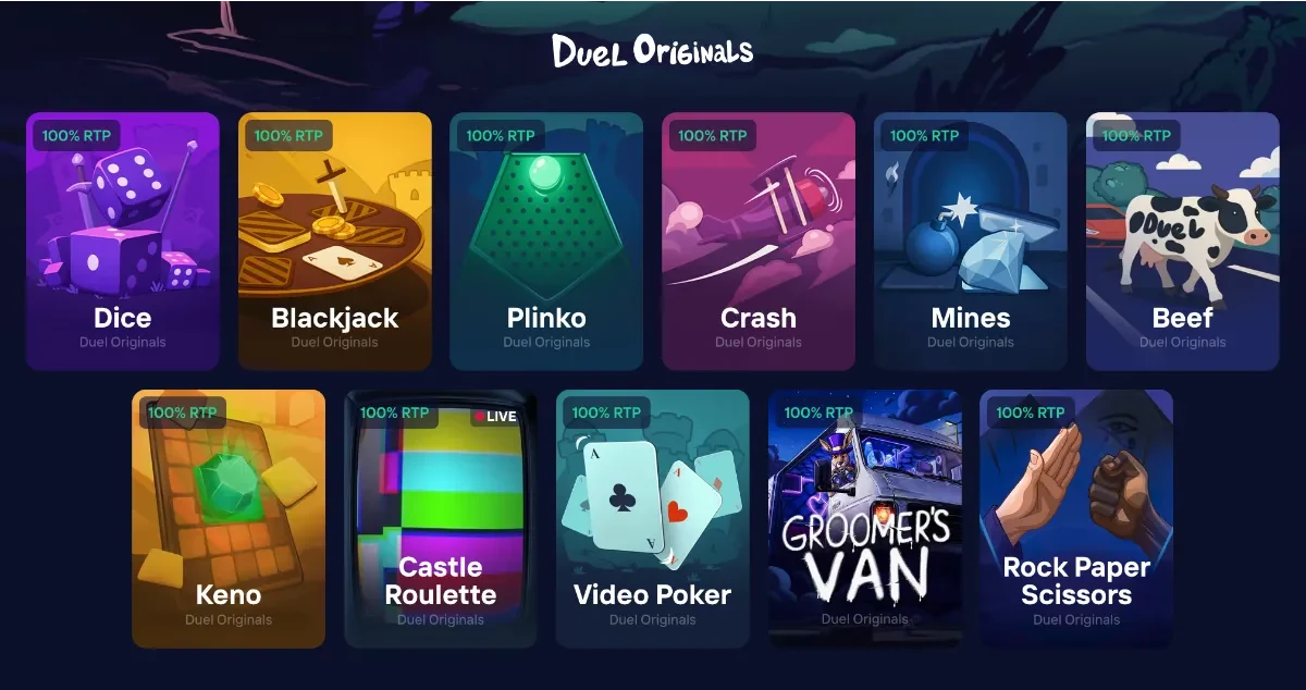 Duel Originals grid - Dice, Blackjack, Plinko, Crash, Mines, Beef, Keno and more at 100% RTP