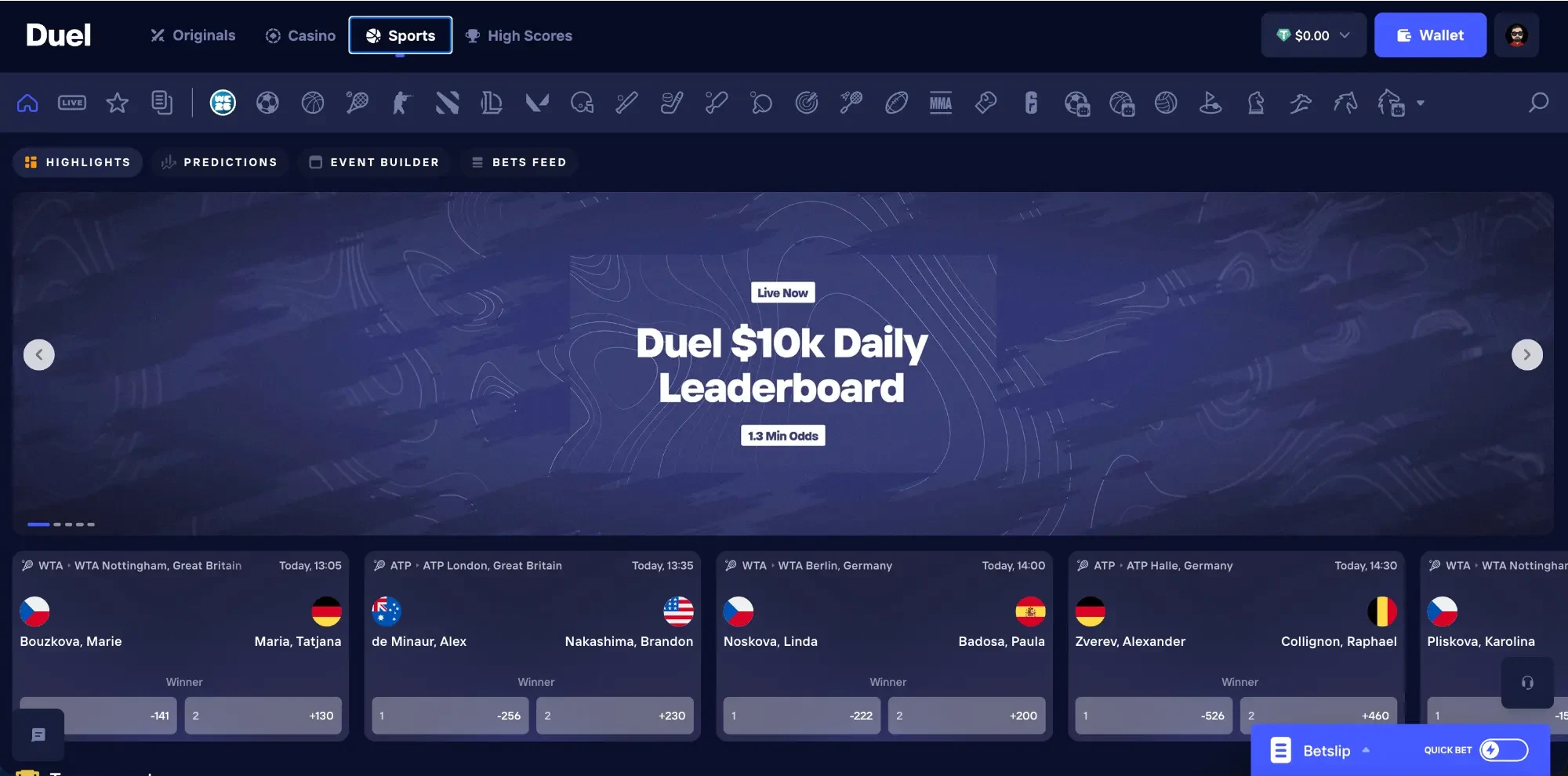 Duel Casino sportsbook with live tennis markets, highlights banner, and betslip panel