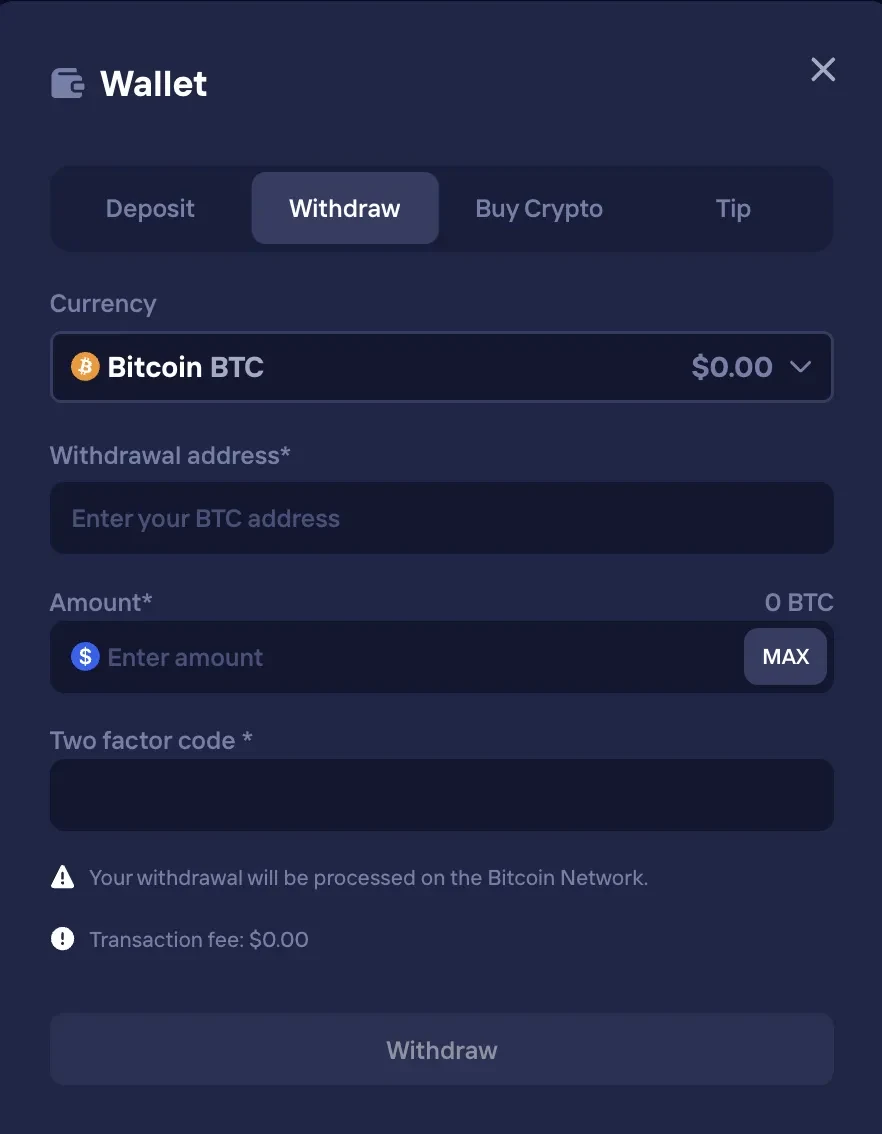 Duel Casino Wallet withdraw tab for Bitcoin with address, amount, and 2FA fields