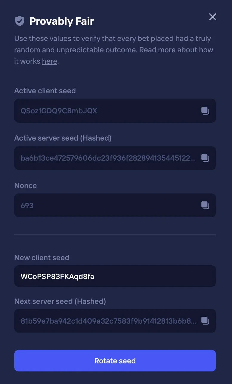 Duel Casino Provably Fair modal with client seed, server seed hash, nonce, and rotate seed button