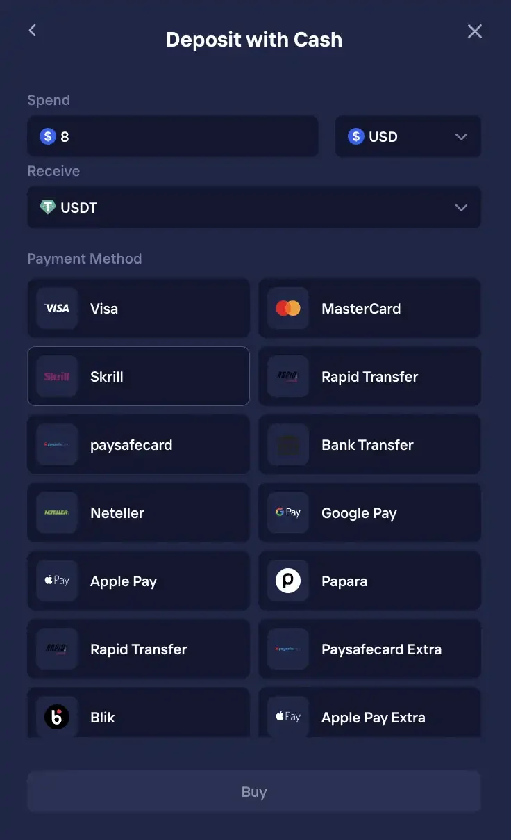 Duel Deposit with Cash screen showing card and wallet payment methods: Visa, MasterCard, Skrill, Rapid Transfer, paysafecard, bank transfer, Neteller, Google Pay, Apple Pay, Papara and Blik
