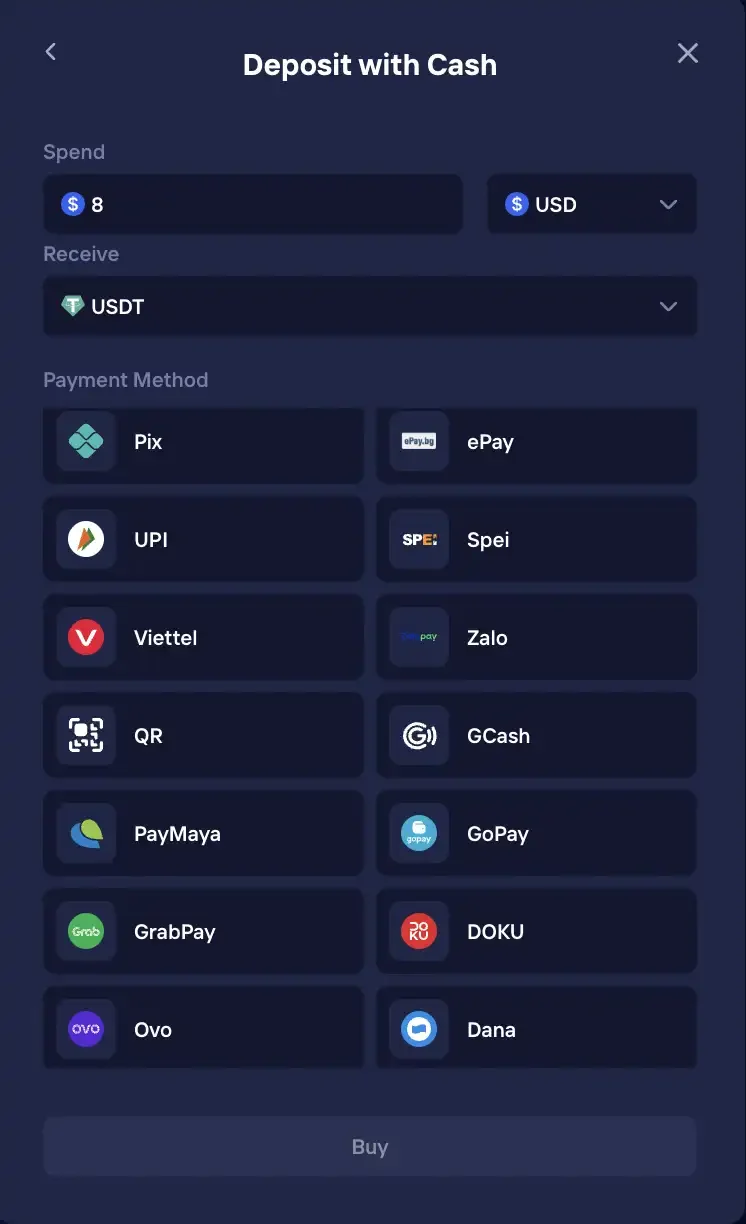 Duel Deposit with Cash screen showing local payment rails: Pix, ePay, UPI, Spei, Viettel, Zalo, QR, GCash, PayMaya, GoPay, GrabPay, DOKU, Ovo and Dana