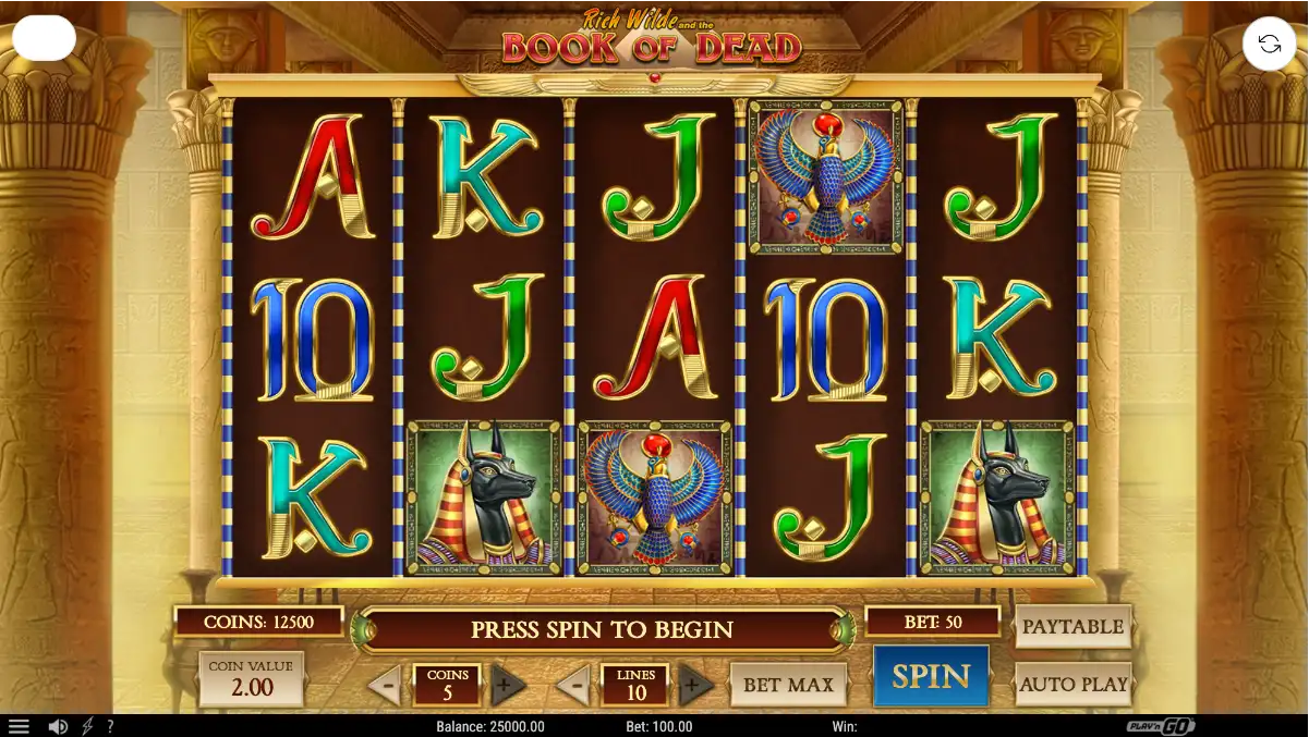 Book of Dead 5x3 board in a temple: Anubis and Horus on the glass, coin value 2.00, 5 coins, 10 lines, footer bet 100.00, Play’n GO mark