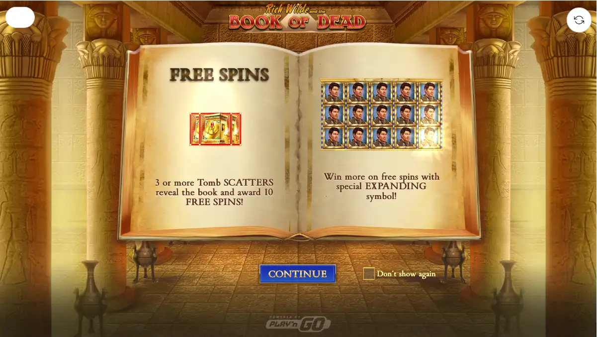 Book of Dead load book: 3 or more Tomb scatters award 10 free spins, right page shows a 5x3 grid filled with Rich Wilde and the expanding-symbol line