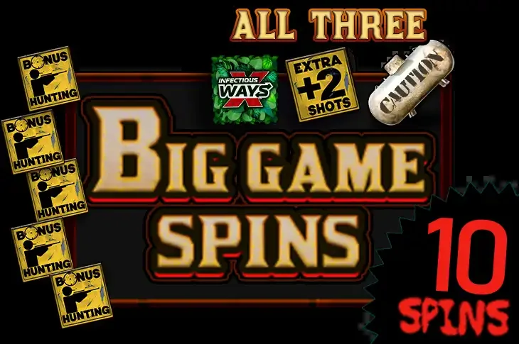 Big Game Spins: five Bonus Hunting signs, all three upgrades, 10 spins