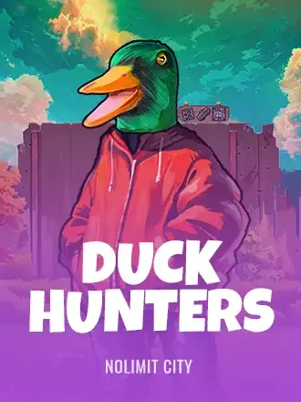 Duck Hunters by Nolimit City: mallard in a red hoodie against a wooden fence and teal sky