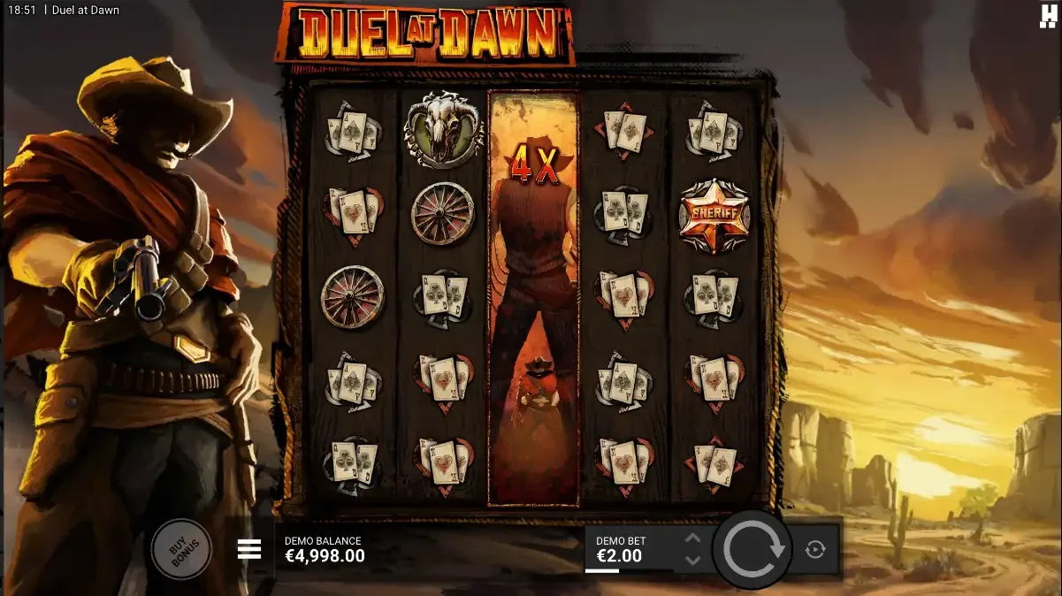 Duel at Dawn board: cowboy in a red poncho left of a 5x5 grid, reel three opened as a 4x DuelReel, Buy Bonus bottom left, demo bet €2
