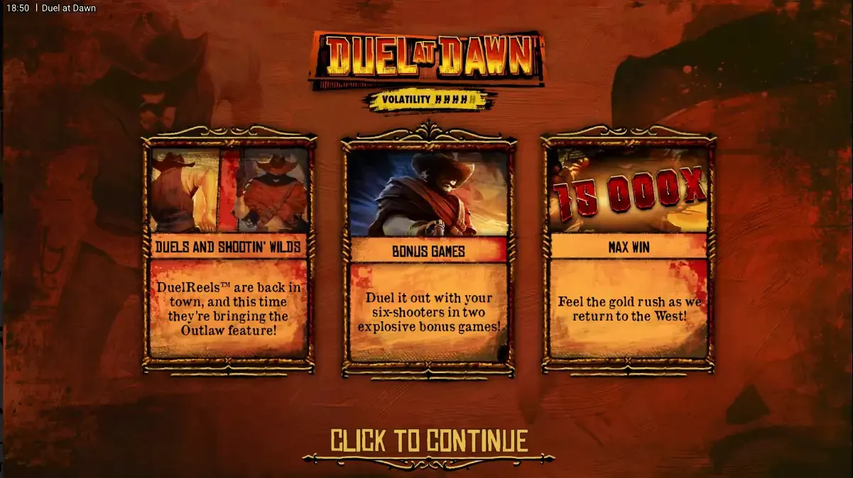 Duel at Dawn load screen: Duels and Shootin' Wilds, two bonus games, Max Win 15,000X, five volatility pips under the title