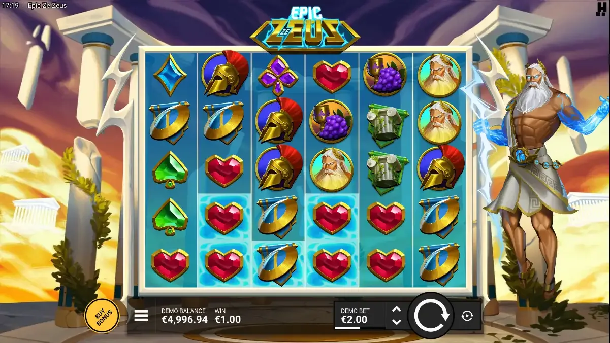 Epic Ze Zeus base game: Zeus stands right of a 6x5 cluster grid holding lightning, hearts and shields cluster in the lower rows on paler highlighted cells, yellow BUY BONUS key bottom left, demo bet 2 euro