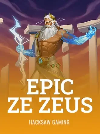 Epic Ze Zeus by Hacksaw Gaming: Zeus with a lightning bolt before stone columns