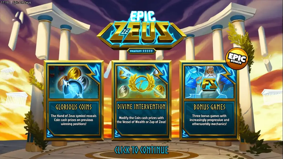 Epic Ze Zeus load screen: wordmark over five volatility bolts, an EPIC BONUS badge, and three plaques for Glorious Coins, Divine Intervention and Bonus Games