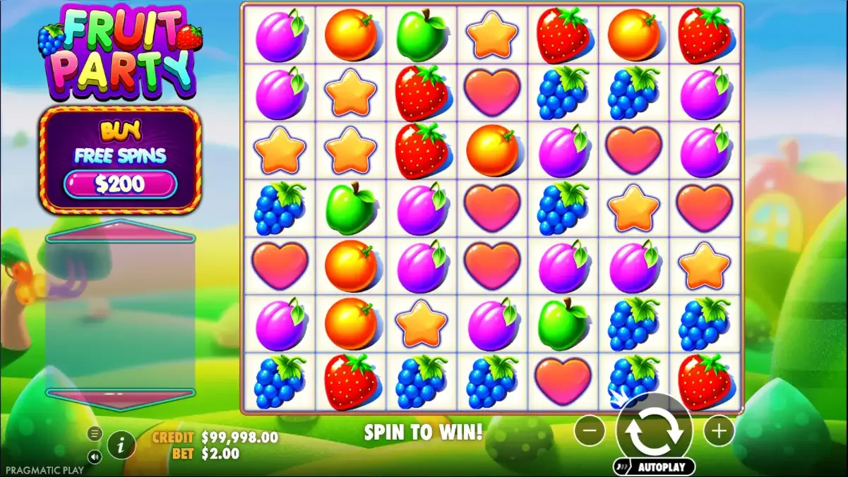 Fruit Party 7x7 board at $2: green hills and a yellow-roof house, BUY FREE SPINS $200 under the logo, credit $99,998, SPIN TO WIN, Pragmatic Play mark