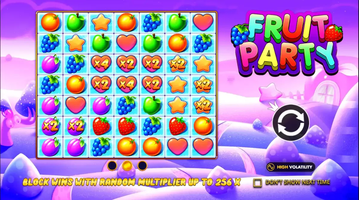 Fruit Party load screen: 7x7 fruit grid, FRUIT PARTY wordmark, gold line Block wins with random multiplier up to 256 x, HIGH VOLATILITY badge