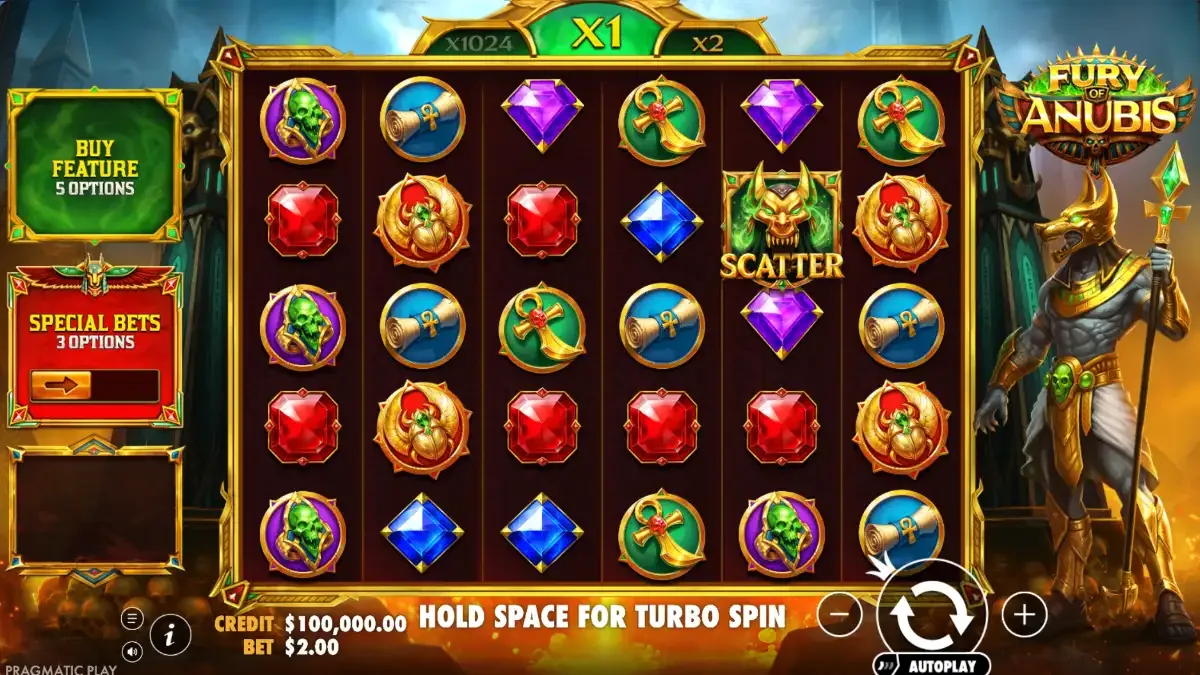 Fury of Anubis board: Anubis stands right of a 6x5 grid, the meter above the reels reads x1 with x1024 on the left rail, and the left buttons show Buy Feature 5 options and Special Bets 3 options at a $2 stake