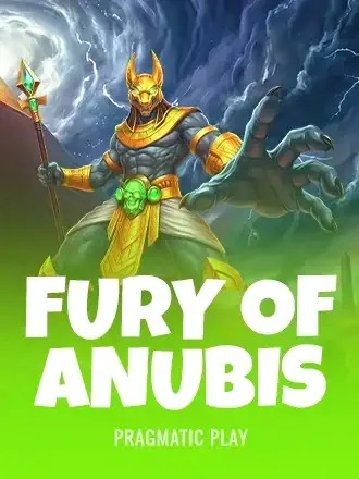 Fury of Anubis by Pragmatic Play: jackal-headed Anubis in gold armor with a green staff, title under the figure