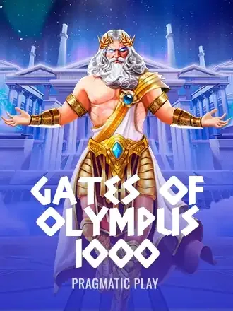 Gates of Olympus 1000 by Pragmatic Play: Zeus in gold armor before a blue temple, title under the figure