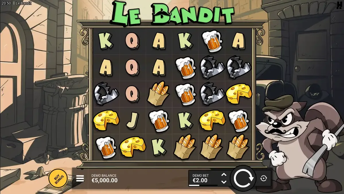 Le Bandit board: Smokey the raccoon stands right of a 6x5 grid in a gold frame, Buy Bonus is bottom left, demo bet €2
