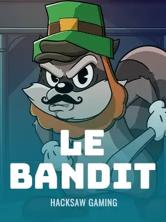Le Bandit by Hacksaw Gaming: raccoon in a green top hat holding a bat on a teal card