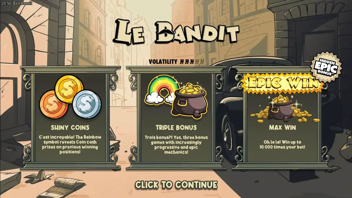 Le Bandit intro: three plaques for Shiny Coins, Triple Bonus and Max Win 10,000x, three of five lightning bolts lit, a Hidden Epic Bonus badge
