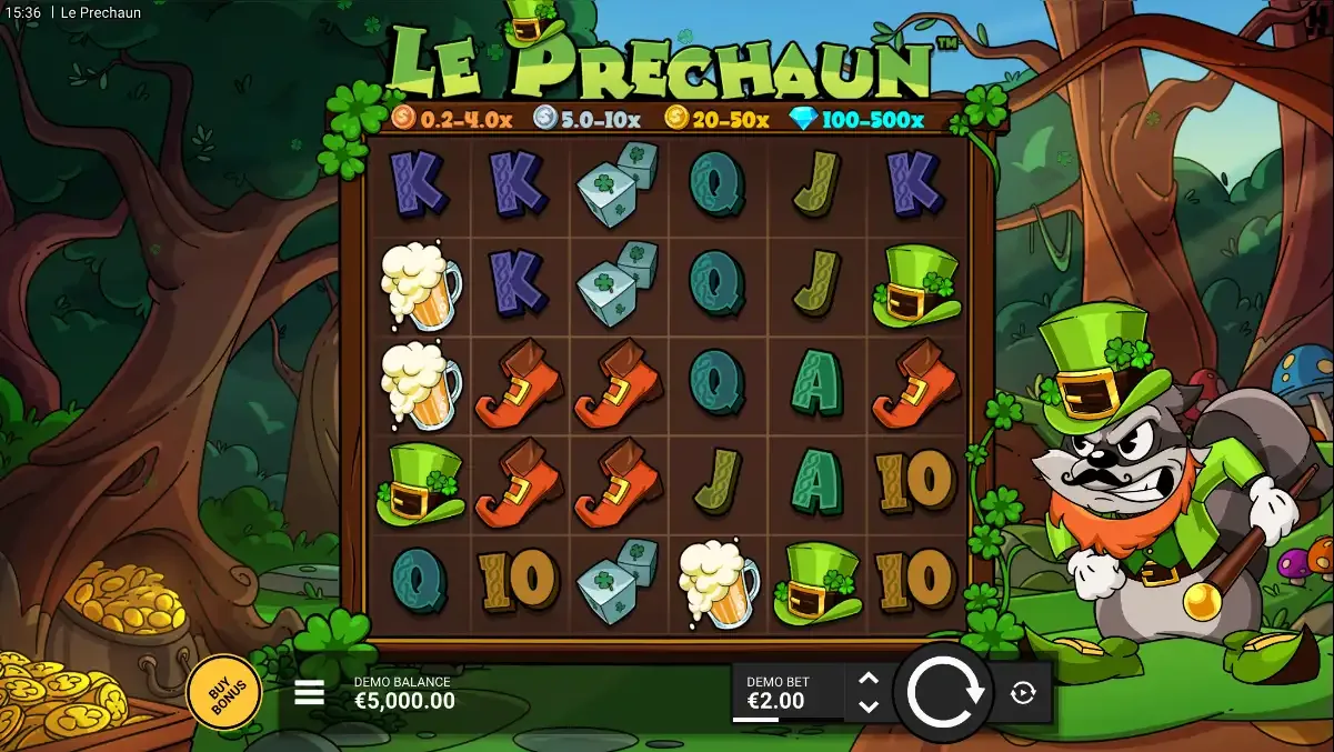 Le Prechaun board: Smokey the raccoon in a leprechaun suit stands right of a wooden 6x5 cluster grid, coin plaques 0.2x to 500x above, Buy Bonus bottom left, demo bet €2