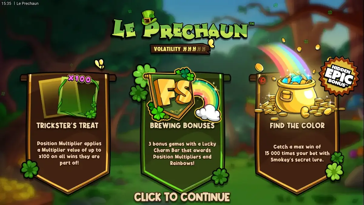 Le Prechaun load screen: Trickster's Treat to 100x, Brewing Bonuses with a Lucky Charm Bar, Find the Color 15,000x, Hidden Epic Bonus badge, five H volatility marks