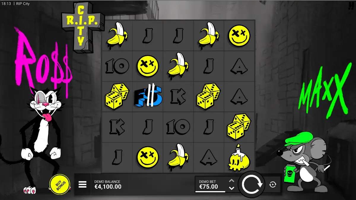 RIP City 5x5 alley board: Ro$$ the cat left, Maxx the mouse right, banana dice skull and card ranks on the glass, yellow BUY BONUS, demo bet 75