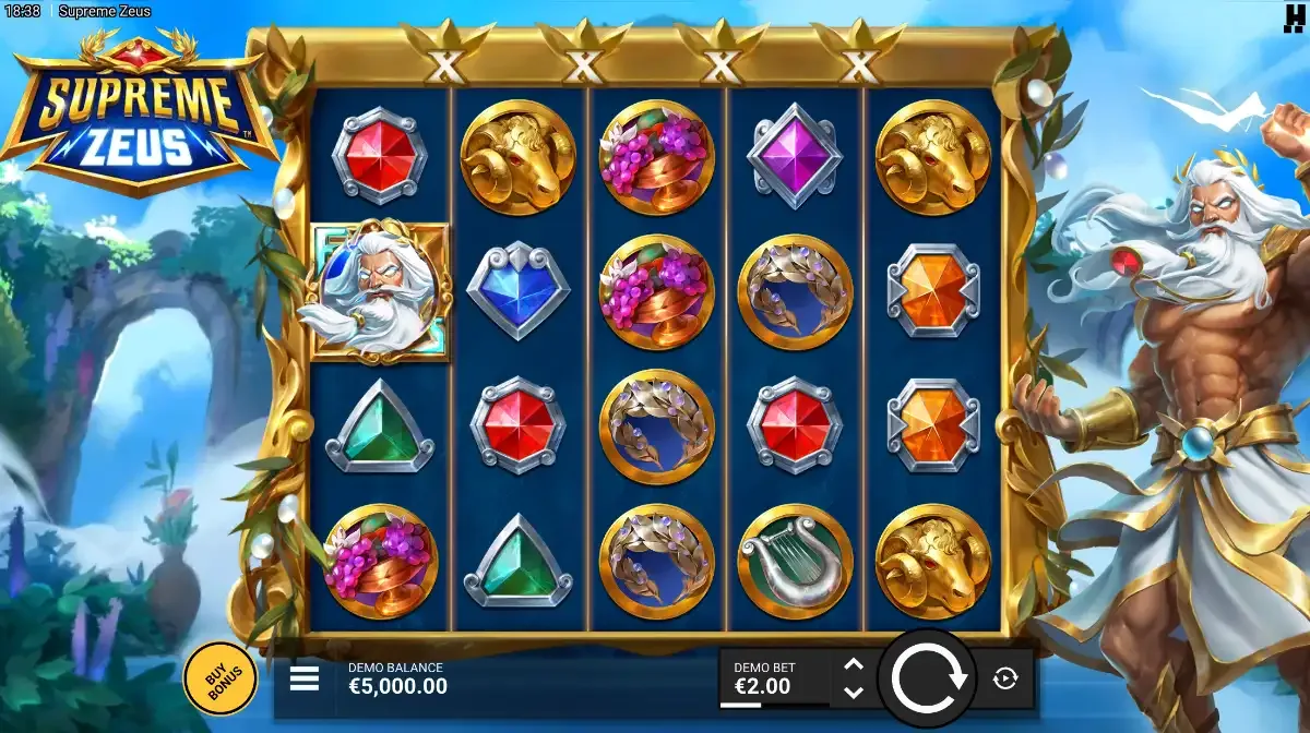 Supreme Zeus board: Zeus stands right of a 5x4 grid in a gold laurel frame, five X marks sit above the reels, Buy Bonus is bottom left, demo bet €2
