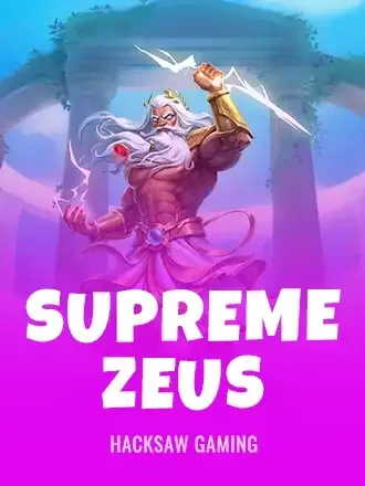 Supreme Zeus by Hacksaw Gaming: Zeus holding a lightning bolt on a pink and purple temple backdrop